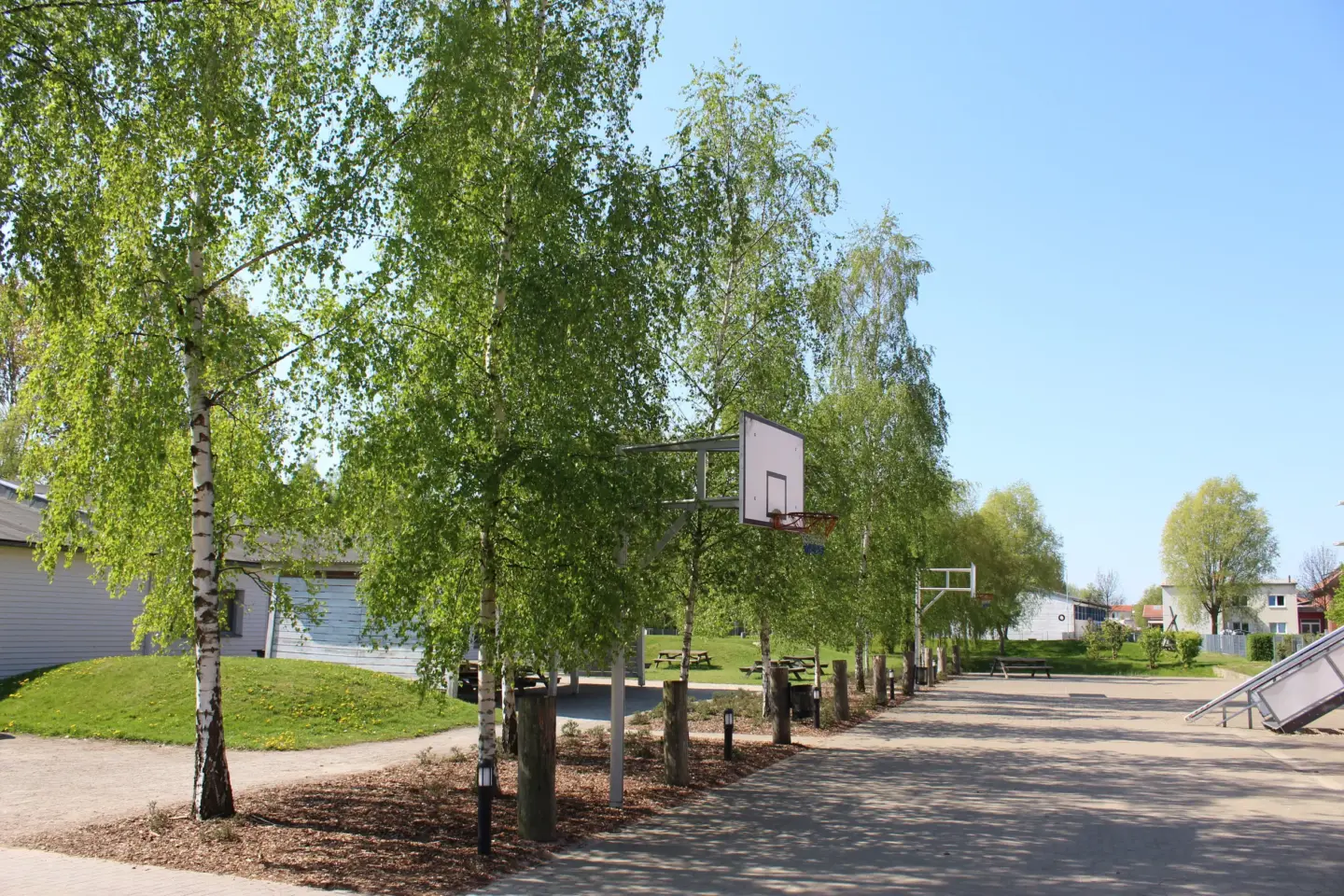 Klassenfahrt Greifswald - zwei Basketballkörbe auf dem Außengelände