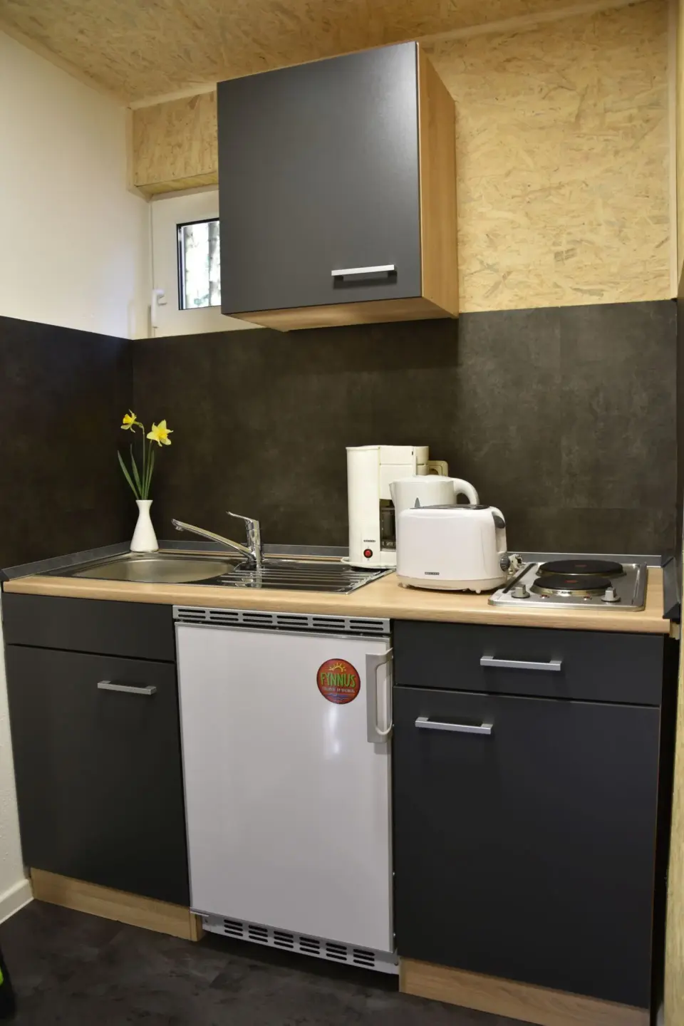 Klassenfahrt Dranske - Küchenzeile im Bungalow mit Kühlschrank, Spüle, Herdplatten, Wasserkocher